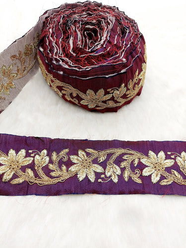 Wine Red Art Silk Fabric Trim With Gold Zari Embroidery, Floral Embroider Trimming, Trim By The Yard